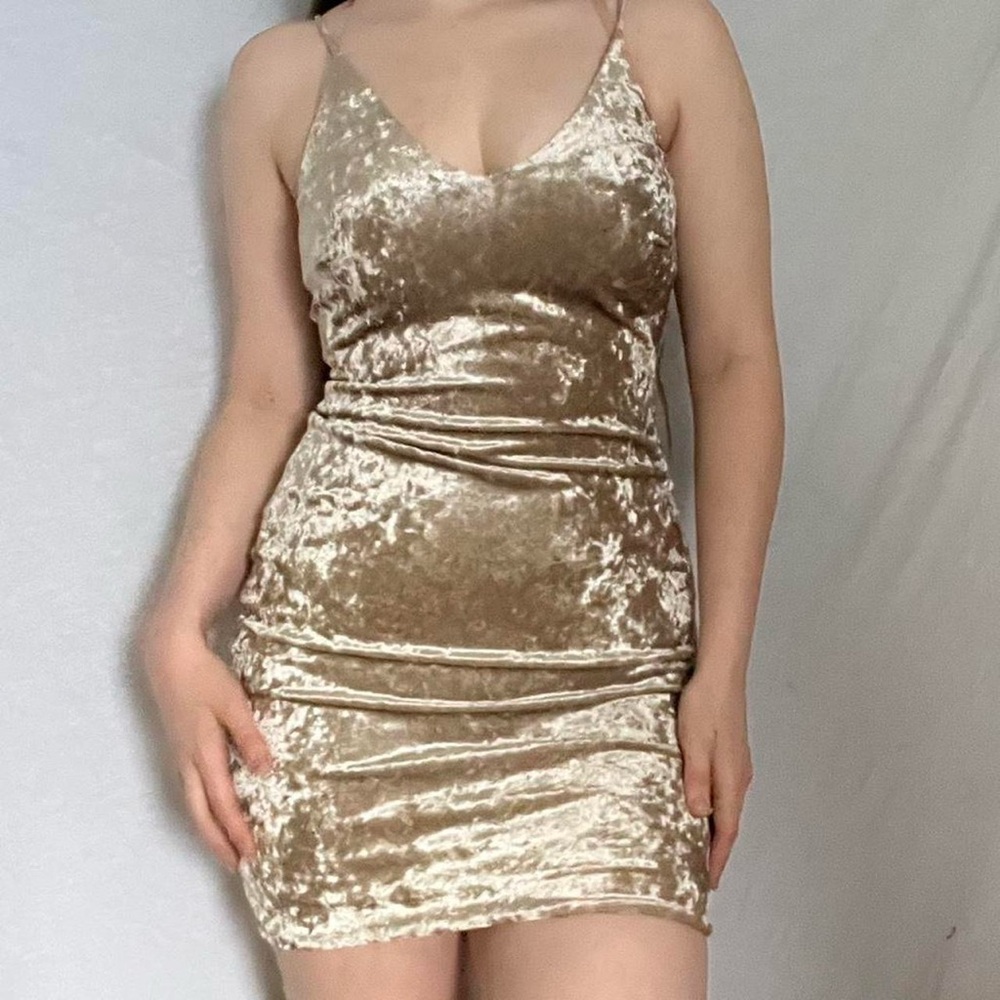 cream/tan velvet mini body con dress with plunging neckline